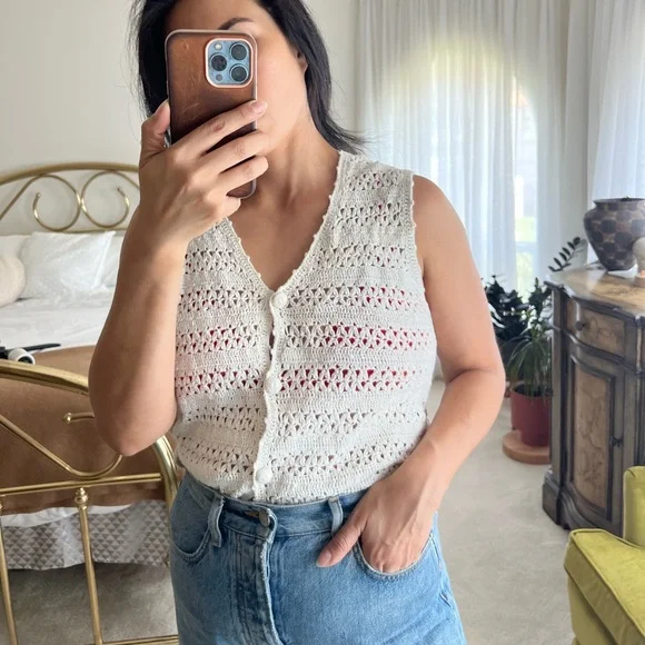 Vintage Cotton Crochet Knit Vest Cotton Blend Victoria Jones Medium - Picture 2 of 5